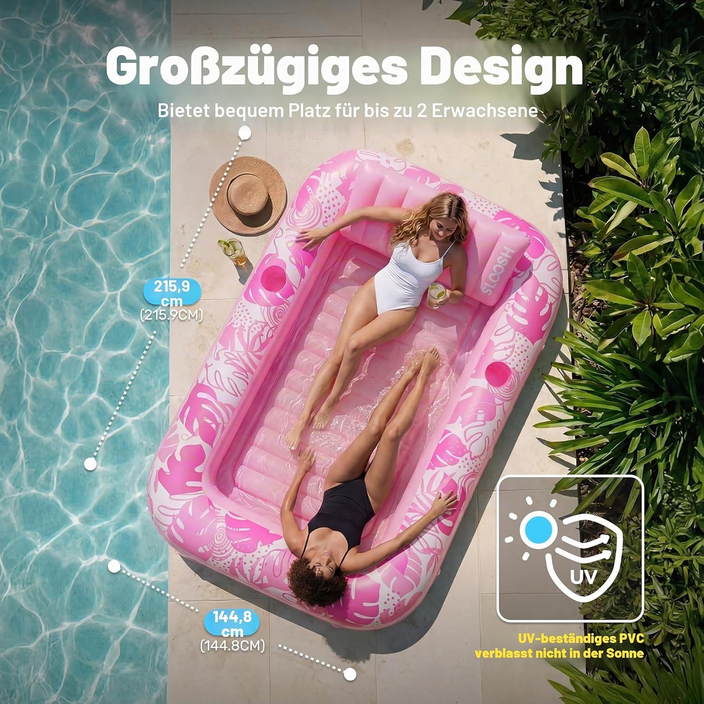 Aufblasbarer 4-in-1 Sonnenliegepool mit Kissen und Getränkehalter, Zartrosa XL
