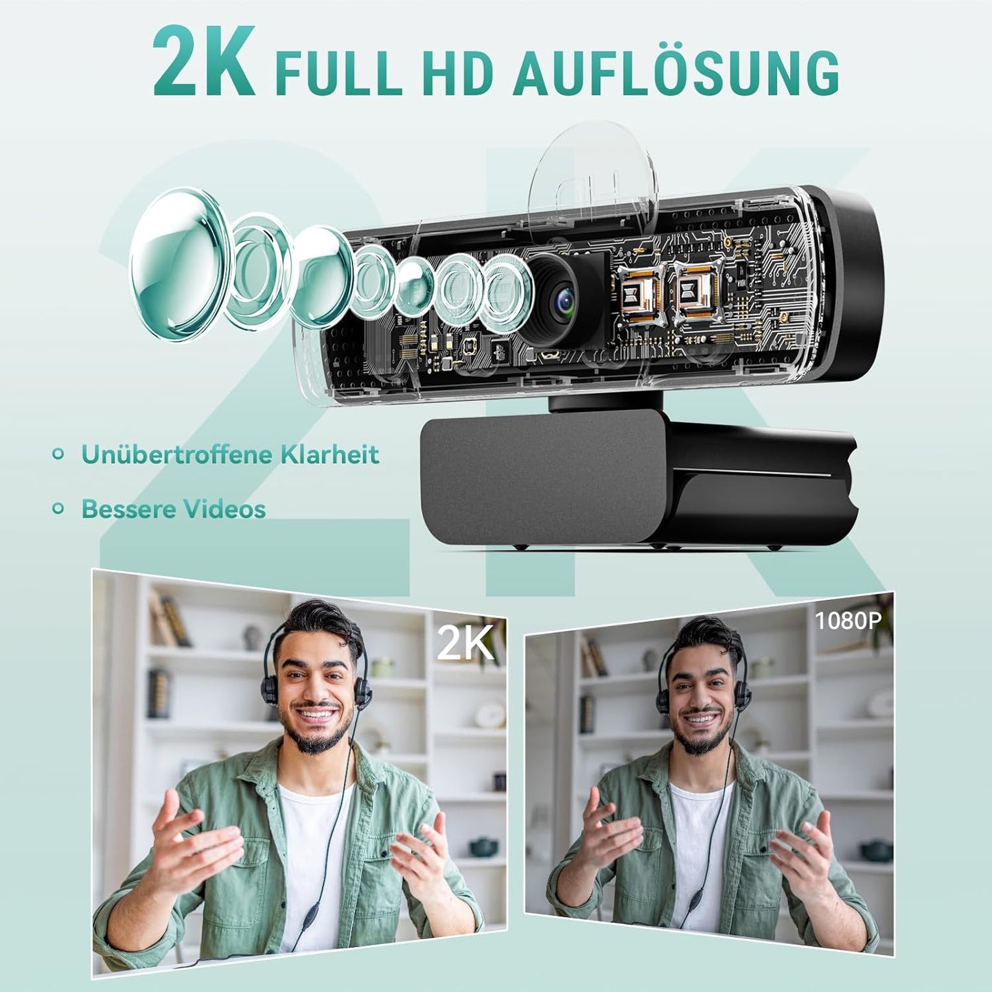 2K Full HD Webcam mit Dual Mikrofon, Objektivabdeckung und Weitwinkel, 2K