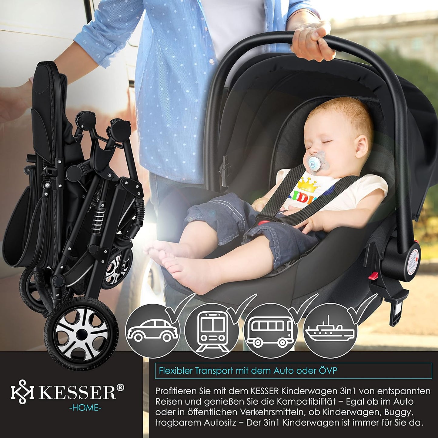 Loops 3 in 1 Kombikinderwagen-Set mit Babyschale, Schwarz / Schwarz