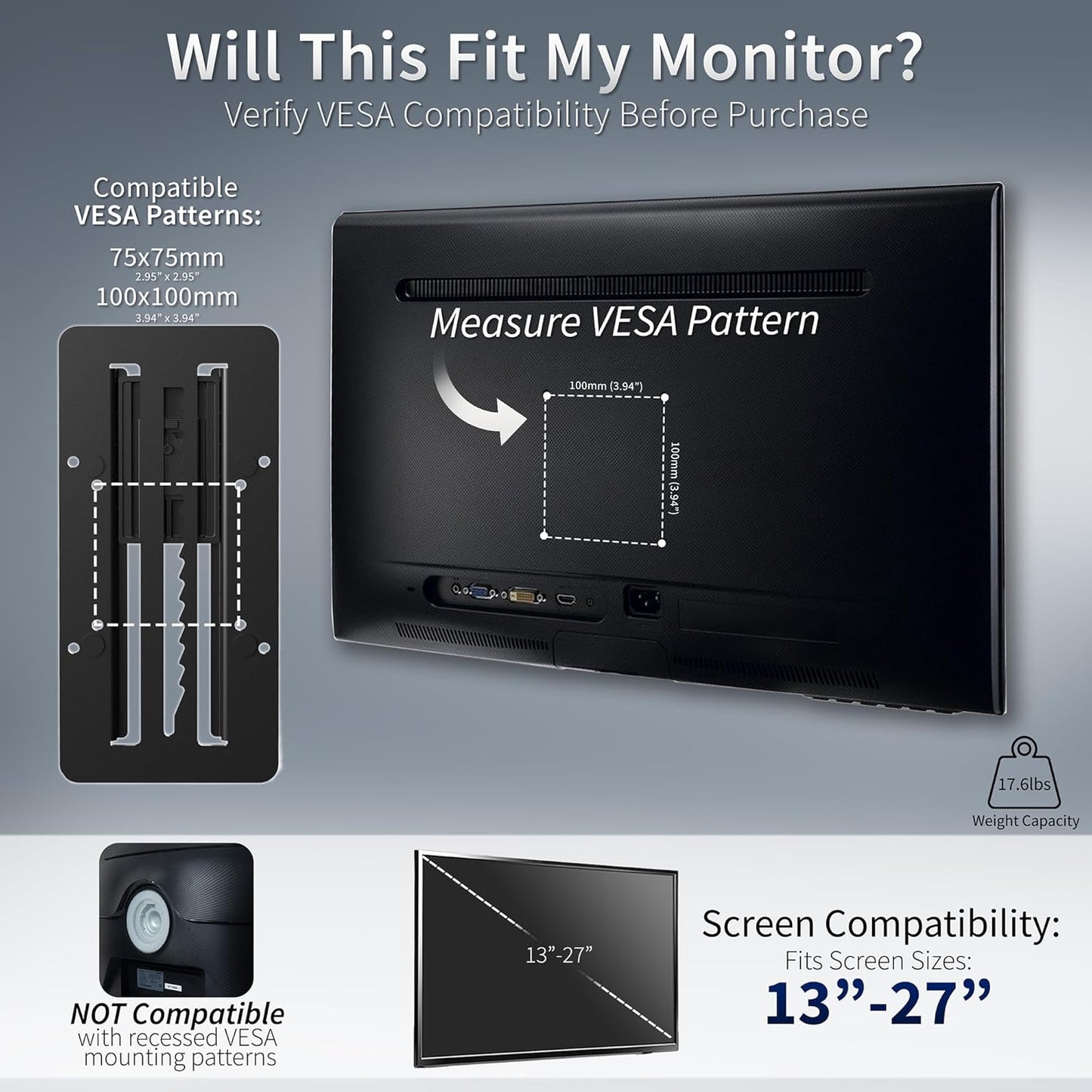 Höhenverstellbarer VESA-Adapter für 13-27 Zoll Monitore, schwarz