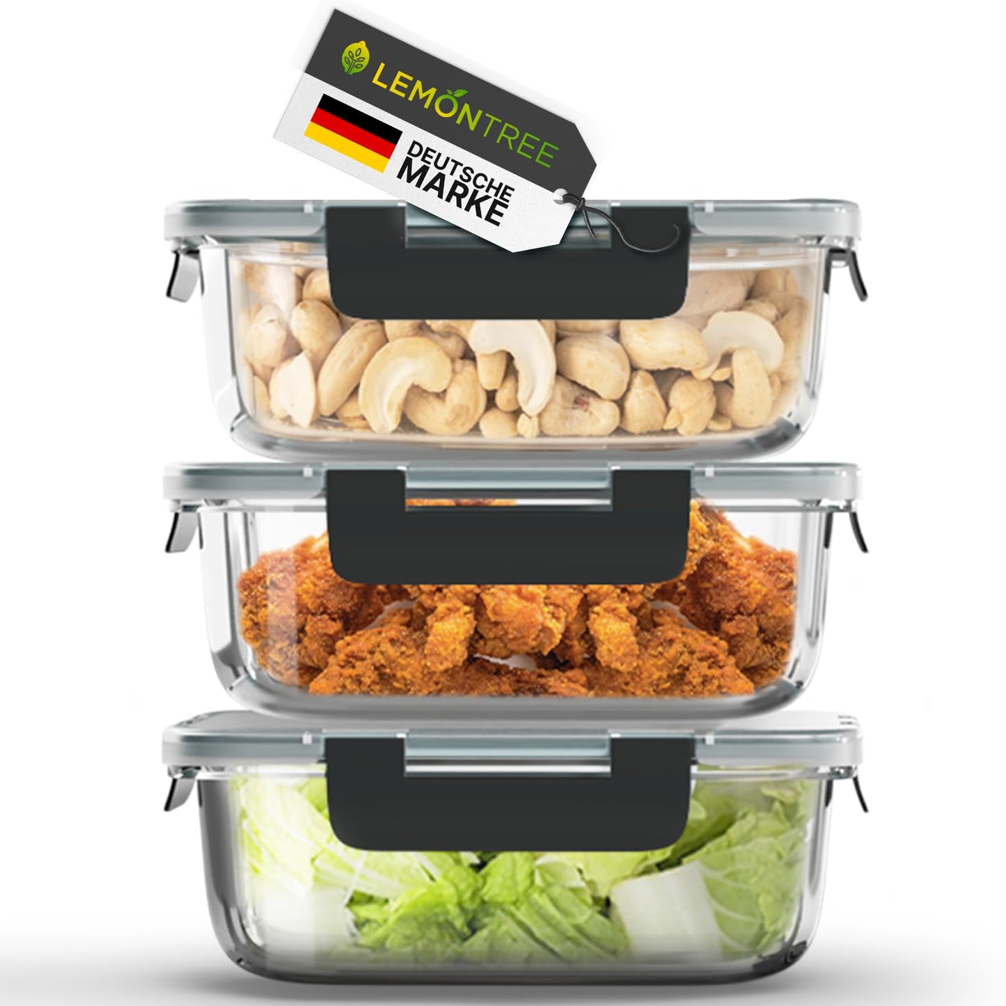 Vorratsdosen-Set aus Glas (3-teilig, luftdicht), Meal Prep Boxen 3er Set