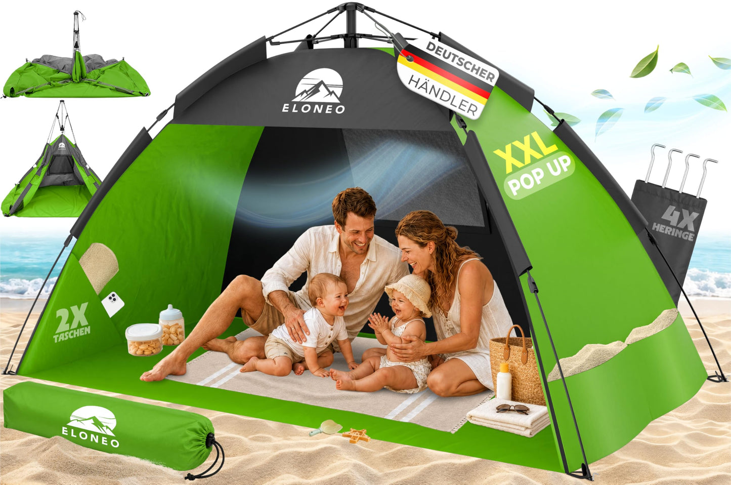 Pop Up Strandmuschel UV Schutz 80+, Grün 220 x 150 x 130 cm