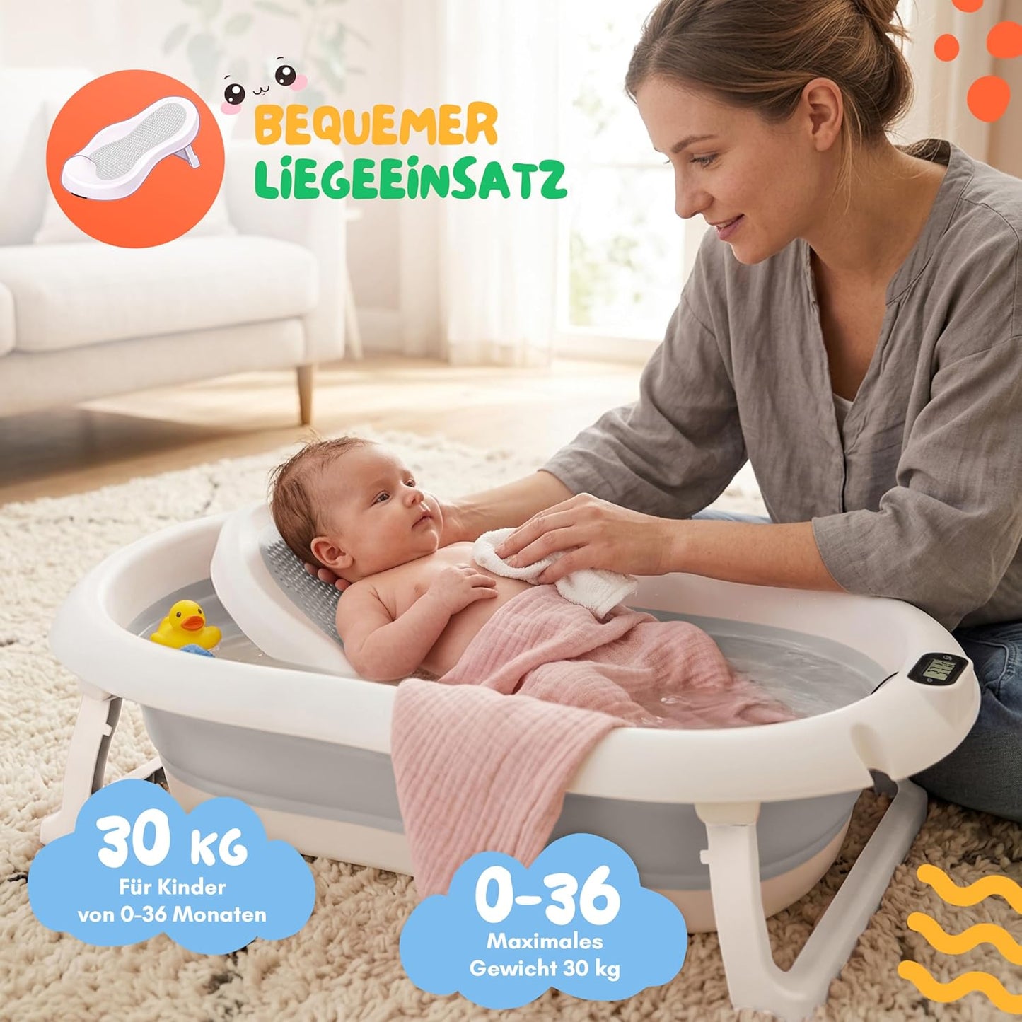 Faltbare Babybadewanne mit Thermometer und Sitz, Grau ohne Ständer mit Badesitz
