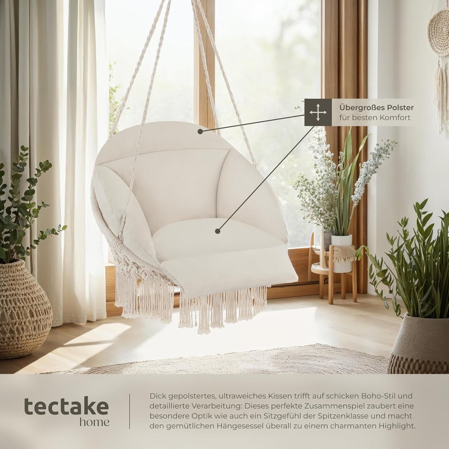 Hängesessel Samira mit Gestell & Kissen, Boho-Stil 80 cm, Beige