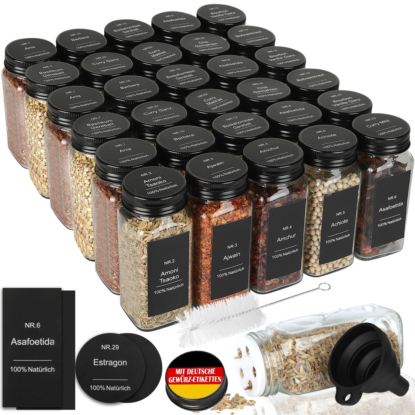 Gewürzgläser-Set mit Streueinsatz und Etiketten