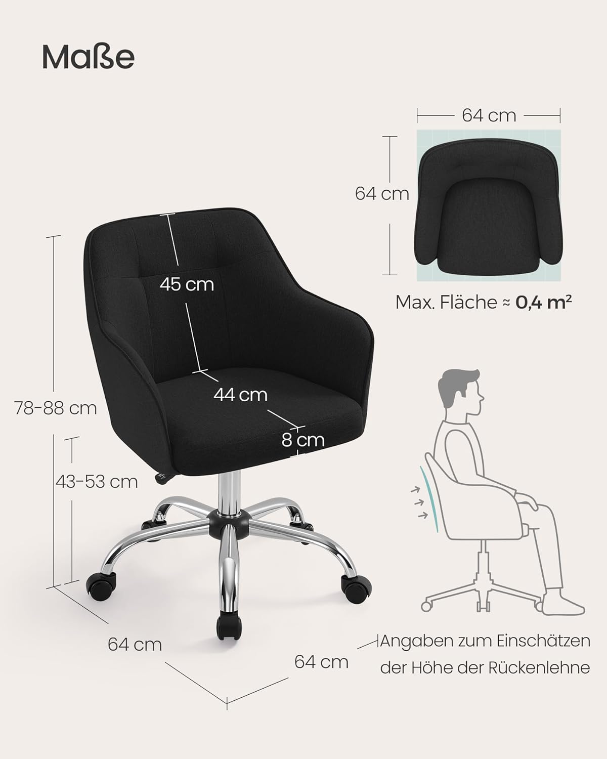 Homeoffice Drehstuhl, Schwarz Baumwollmischung