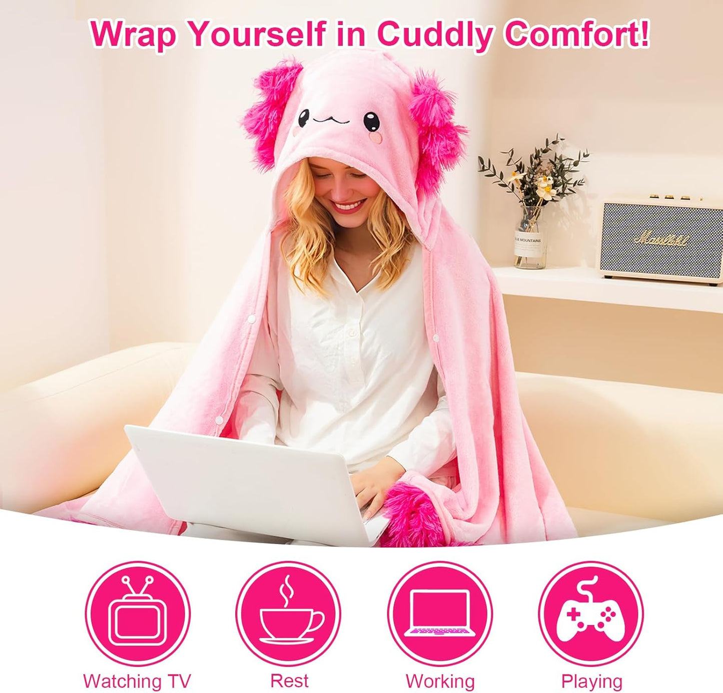 Tragbare Hoodie Kuscheldecke mit Kapuze und Handschuhen, Axolotl