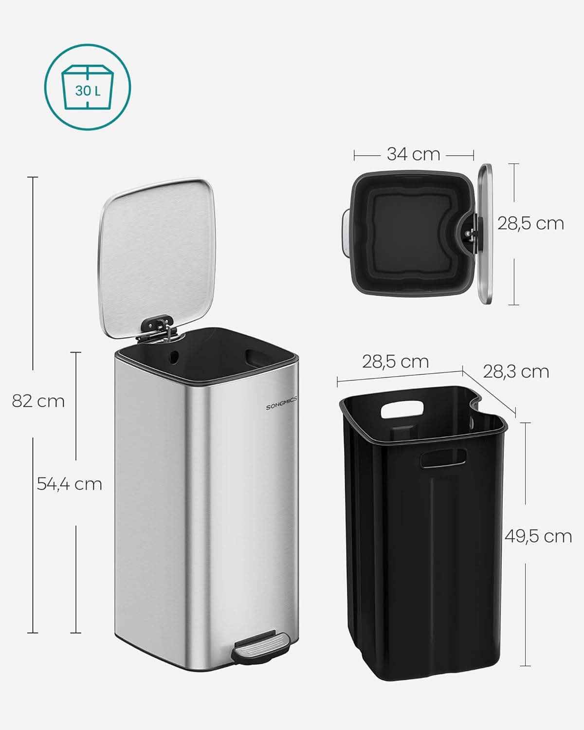 Tretmülleimer mit Softclose, metallicsilber 30 L
