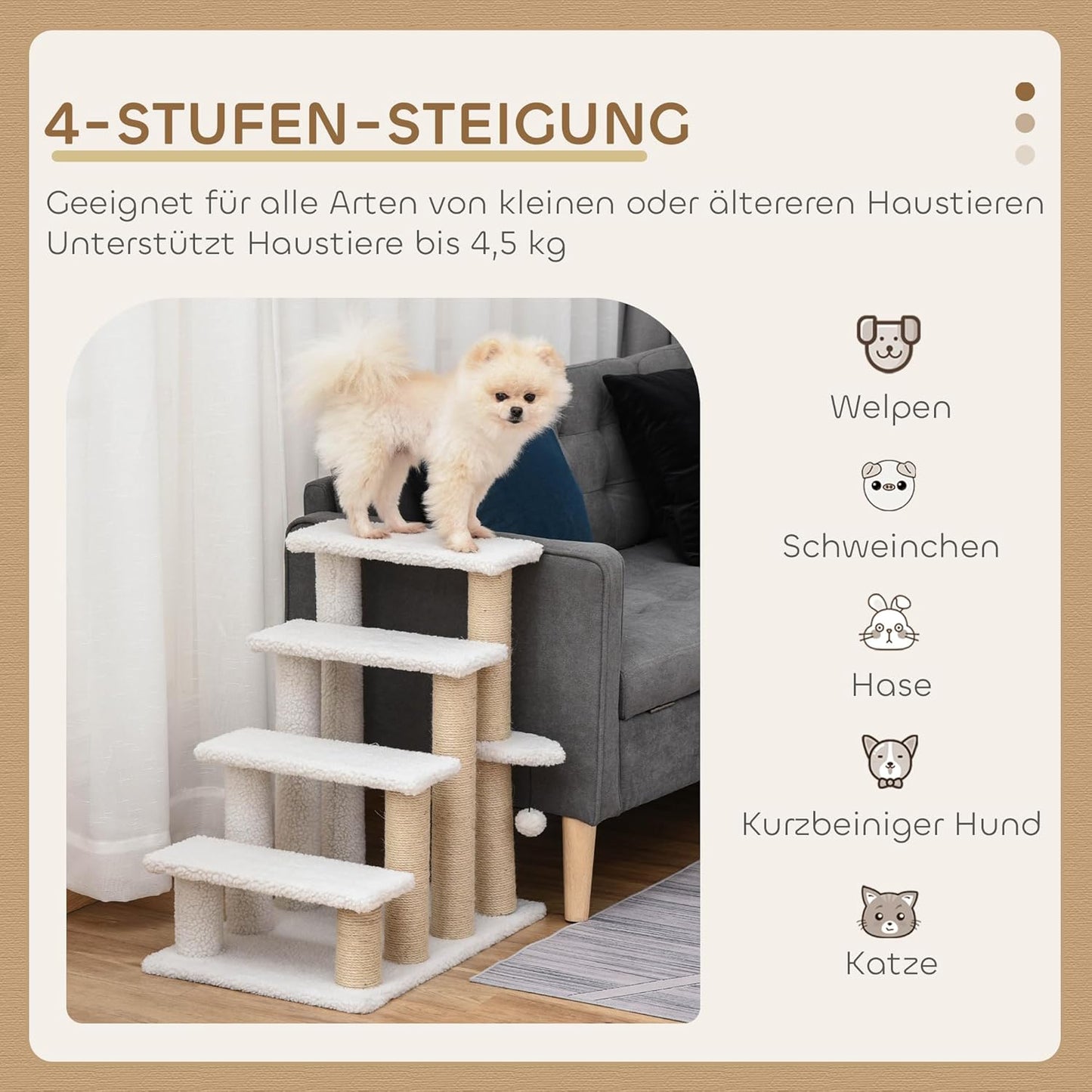 Katzentreppe mit Kratzsäulen und Spielball, 60L x 40B x 64H cm Weiß