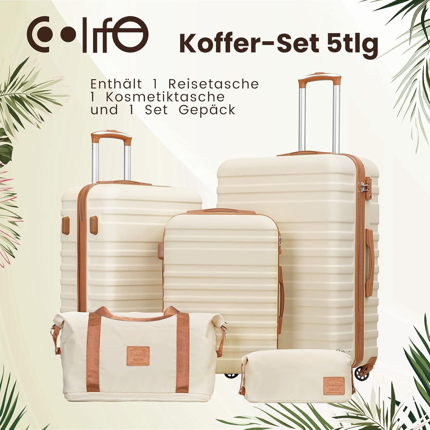 5-teiliges Reisekoffer Set, Weiss/Braun Koffer-Set 5tlg