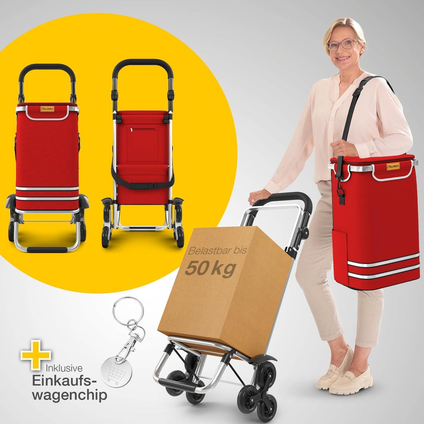 Einkaufstrolley mit Treppensteiger-Funktion, Treppensteiger-Trolley Rot