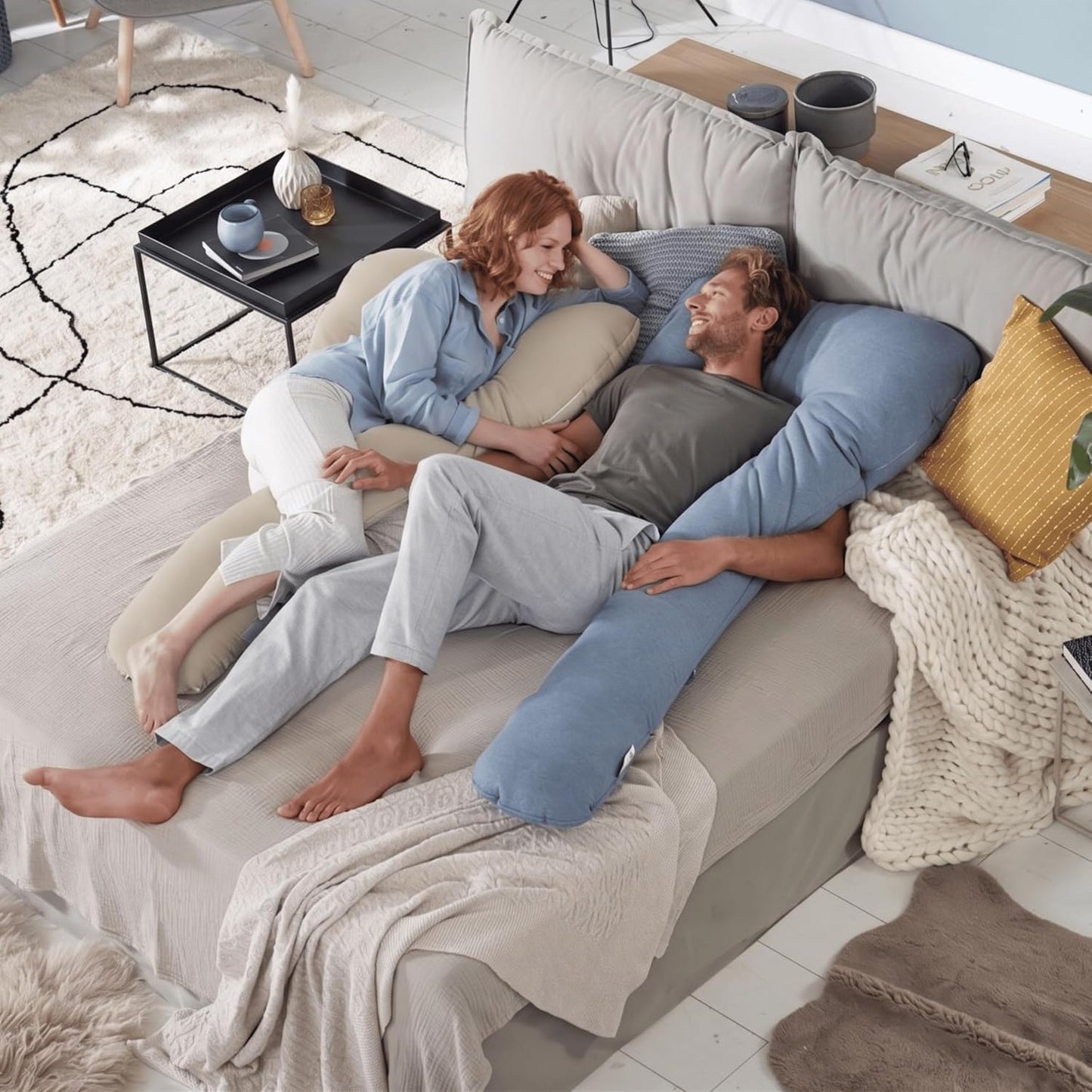 Ergonomisches Seitenschläferkissen mit Kopfstütze, Melange Blau-grau Bambus-kollektion