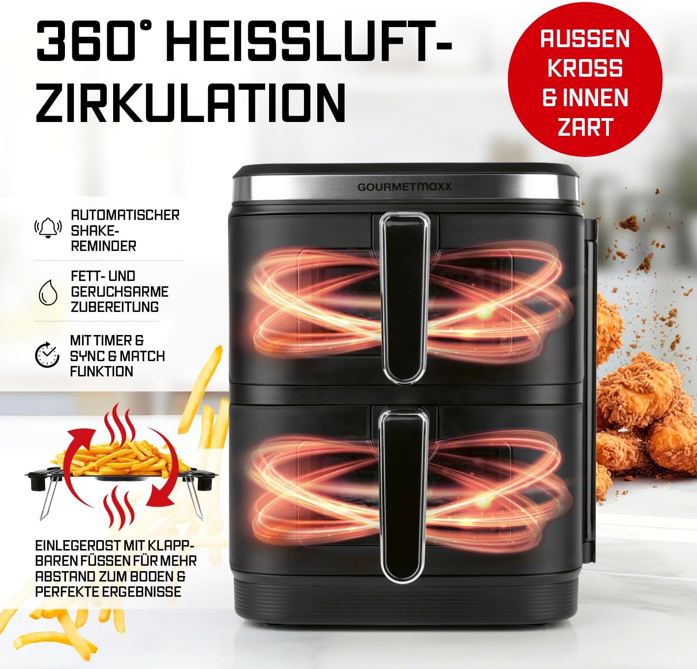 FryUp Heissluftfritteuse mit Doppelkammer, 10 Liter (2x 5L)