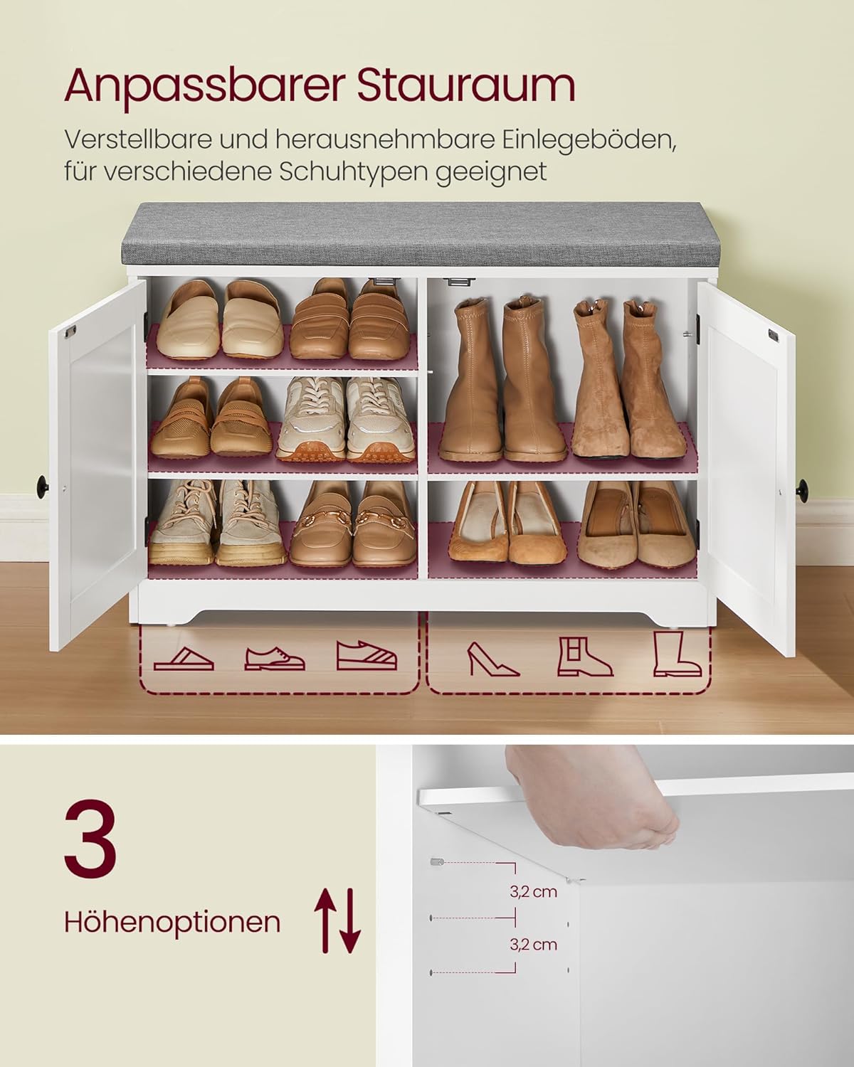 Schuhbank mit Stauraum, 80H cm
