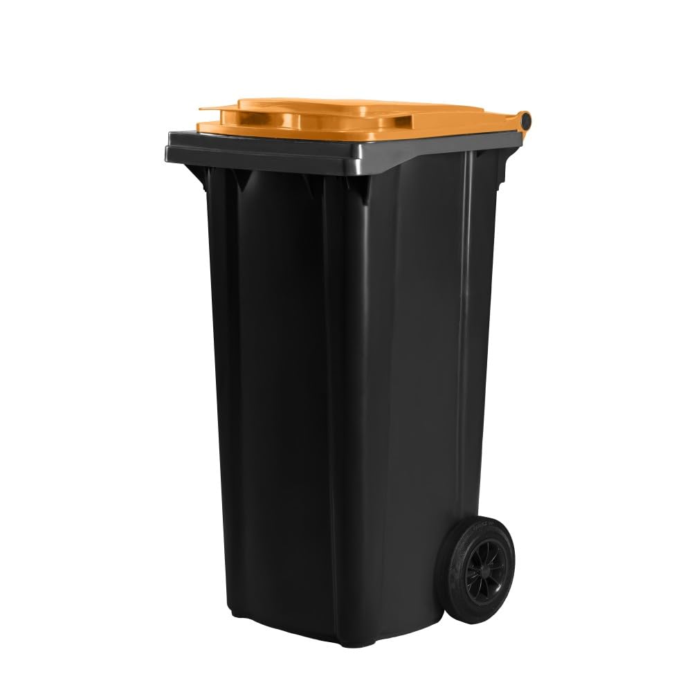 Mülltonne mit Deckel und Rädern, 120 Liter Grau/Orange