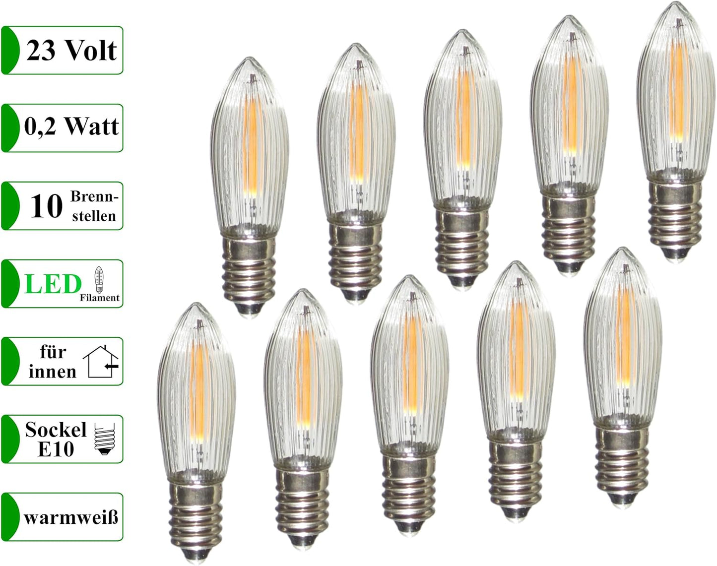 LED Filament Riffelkerzen-Set (10 Stück, 23V), 10 Lampen 23 Volt