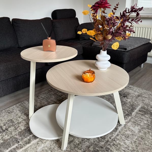 Runder Couchtisch Set mit Stauraum, 2er-Set, Eiche