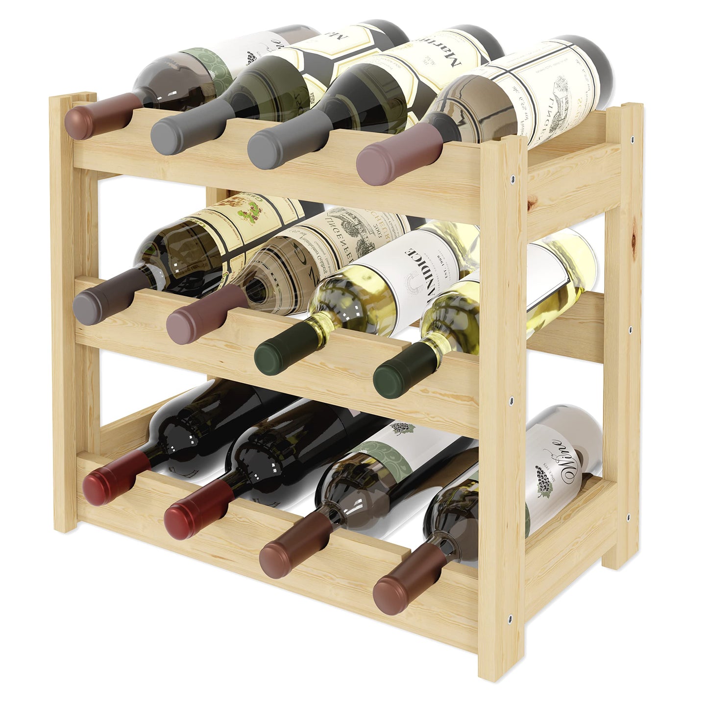 Weinregal aus Holz, Natur RW-1-12, 38 x 43 x 25, 3 liegen, für 12 Flaschen