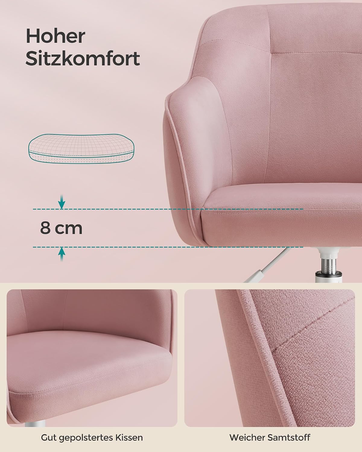 Homeoffice-Drehstuhl, höhenverstellbar, bis 110 kg, Pastellrosa Samt