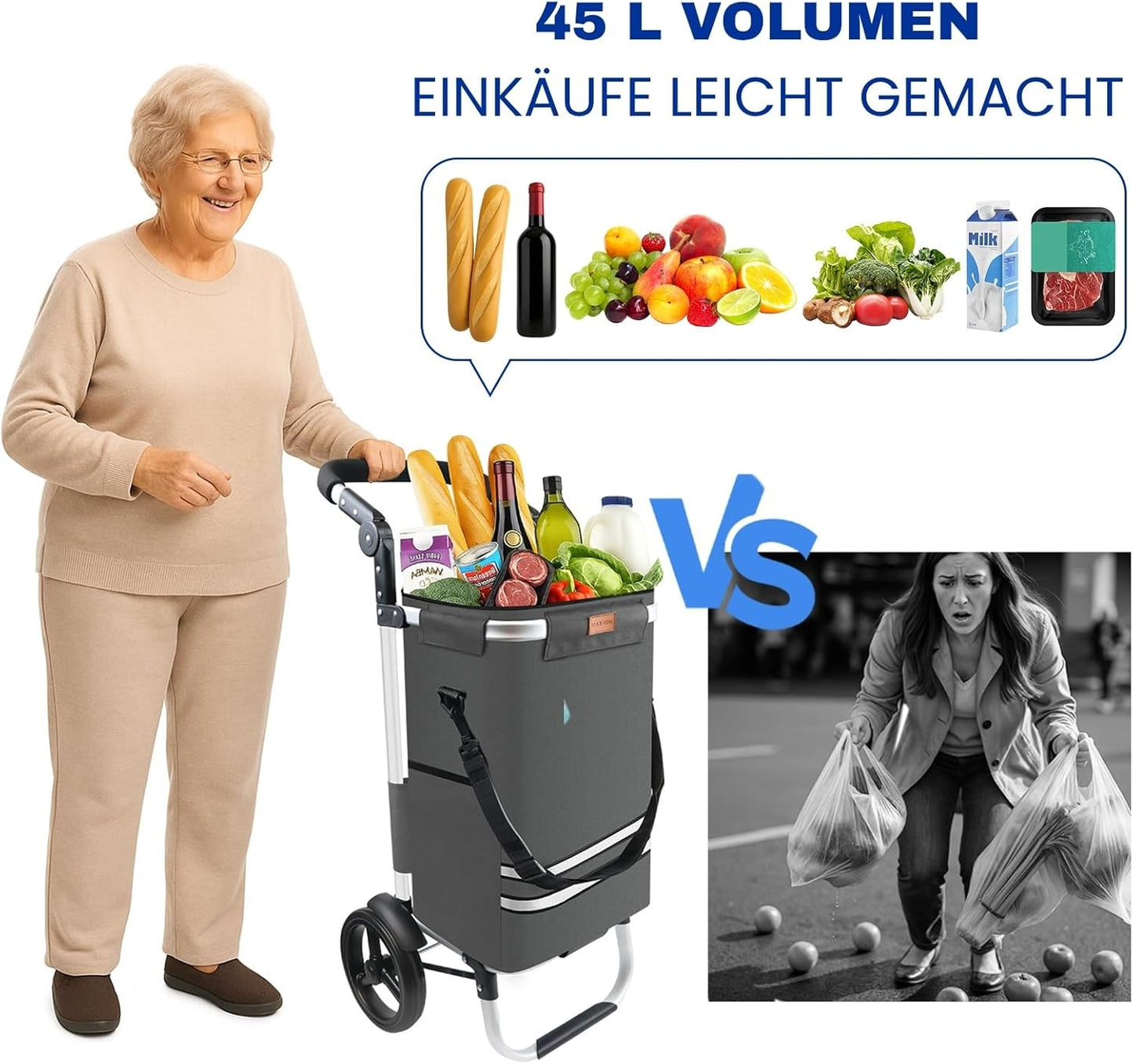 Ergonomischer, klappbarer 3-in-1 Einkaufswagen mit 56L Tasche, Dunkelgrau