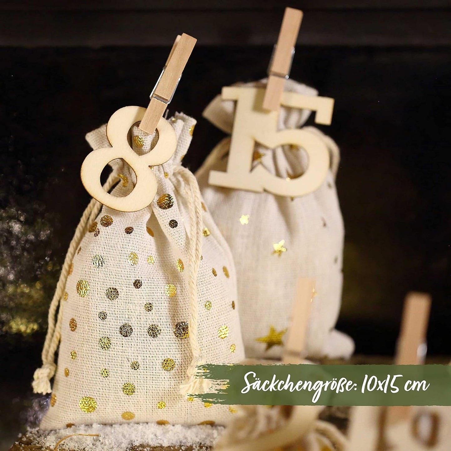 Adventskalender mit Stoffsäckchen und Holzzahlen, Gold Bedruckt