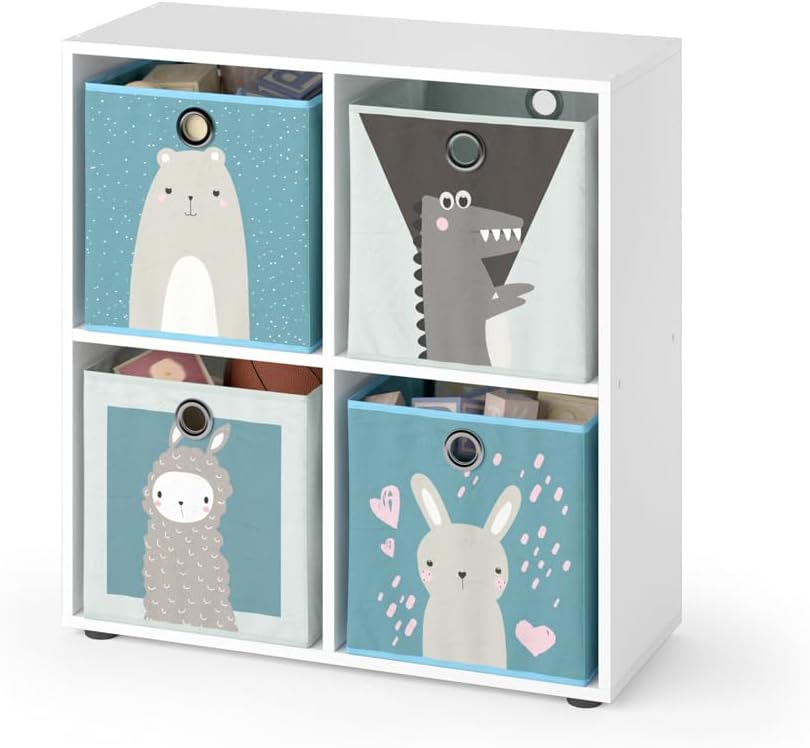 Kinderregal Tetra, Weiß 4 Fächer Faltboxen: grau, blau