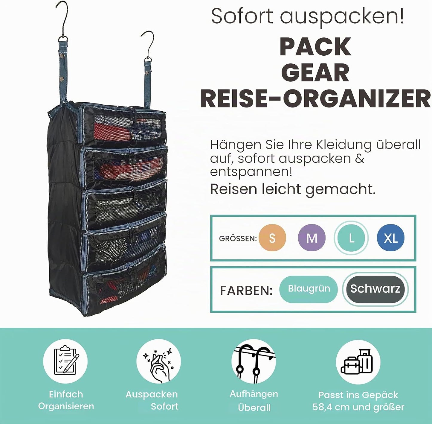 Handgepäck-Organizer zum Aufhängen, Large (Check-In) Schwarz
