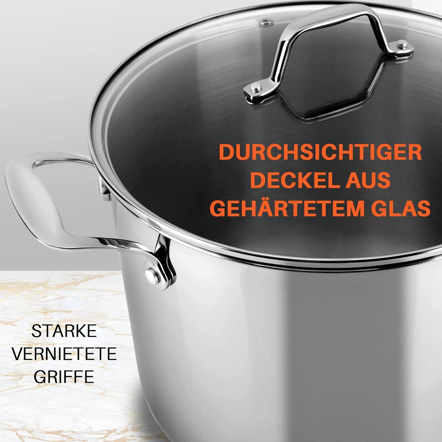 Grosser Suppentopf mit Glasdeckel, 8 Liter Silber