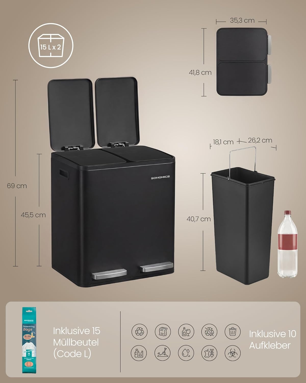 Tretmülleimer 2 Fächer, schwarz 2 x 15 L