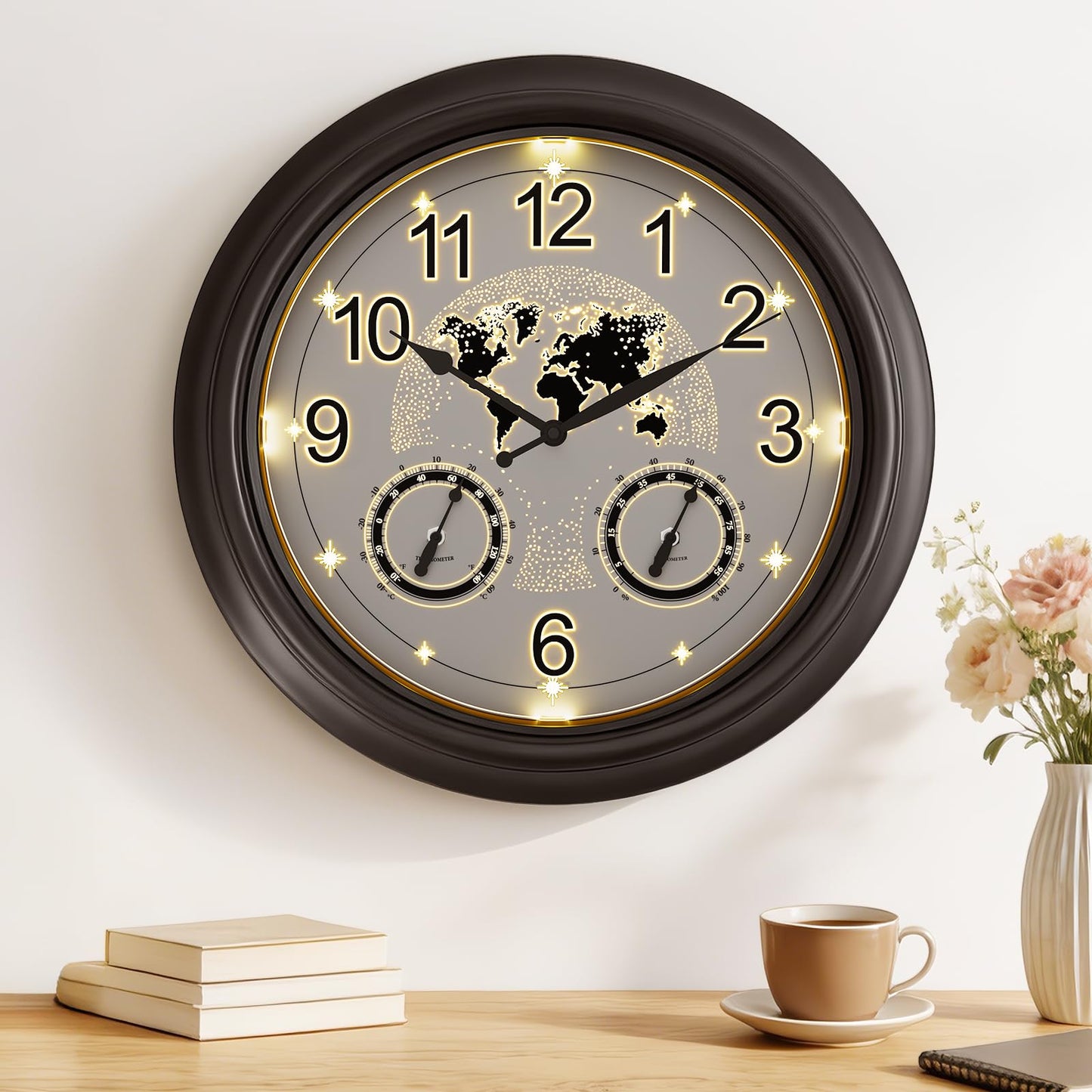 Beleuchtete Wanduhr mit Nachtlichtsensor, Thermometer & Hygrometer, Ölgeriebene Bronze 43cm