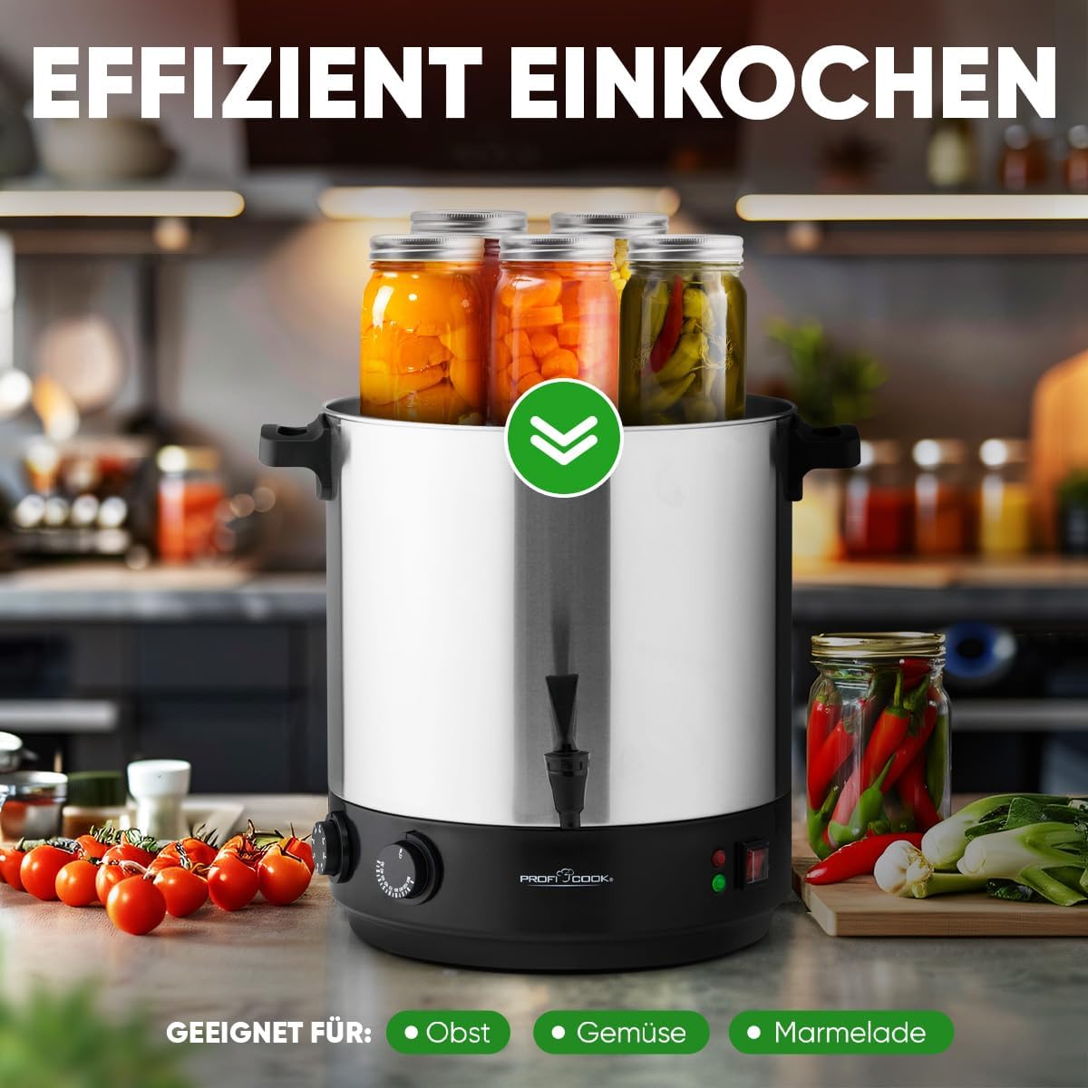 2in1 Heissgetränke- & Einkochautomat mit Ablaufhahn, Schwarz-edelstahl 32l