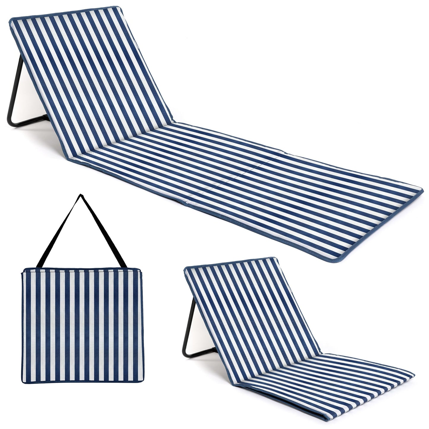 Faltbare Strandmatte mit klappbarer Rückenlehne , Reissverschlusstasche und Schultergurt, Blau Gestreift