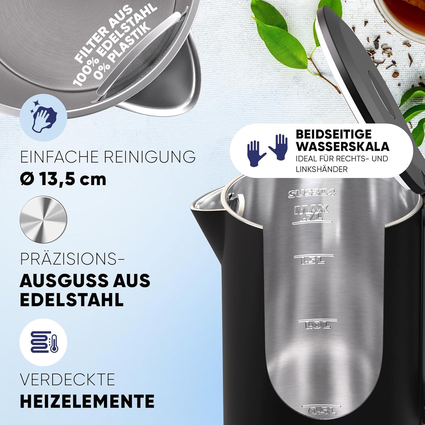Wasserkocher mit Präzisionsausguss, Schwarz