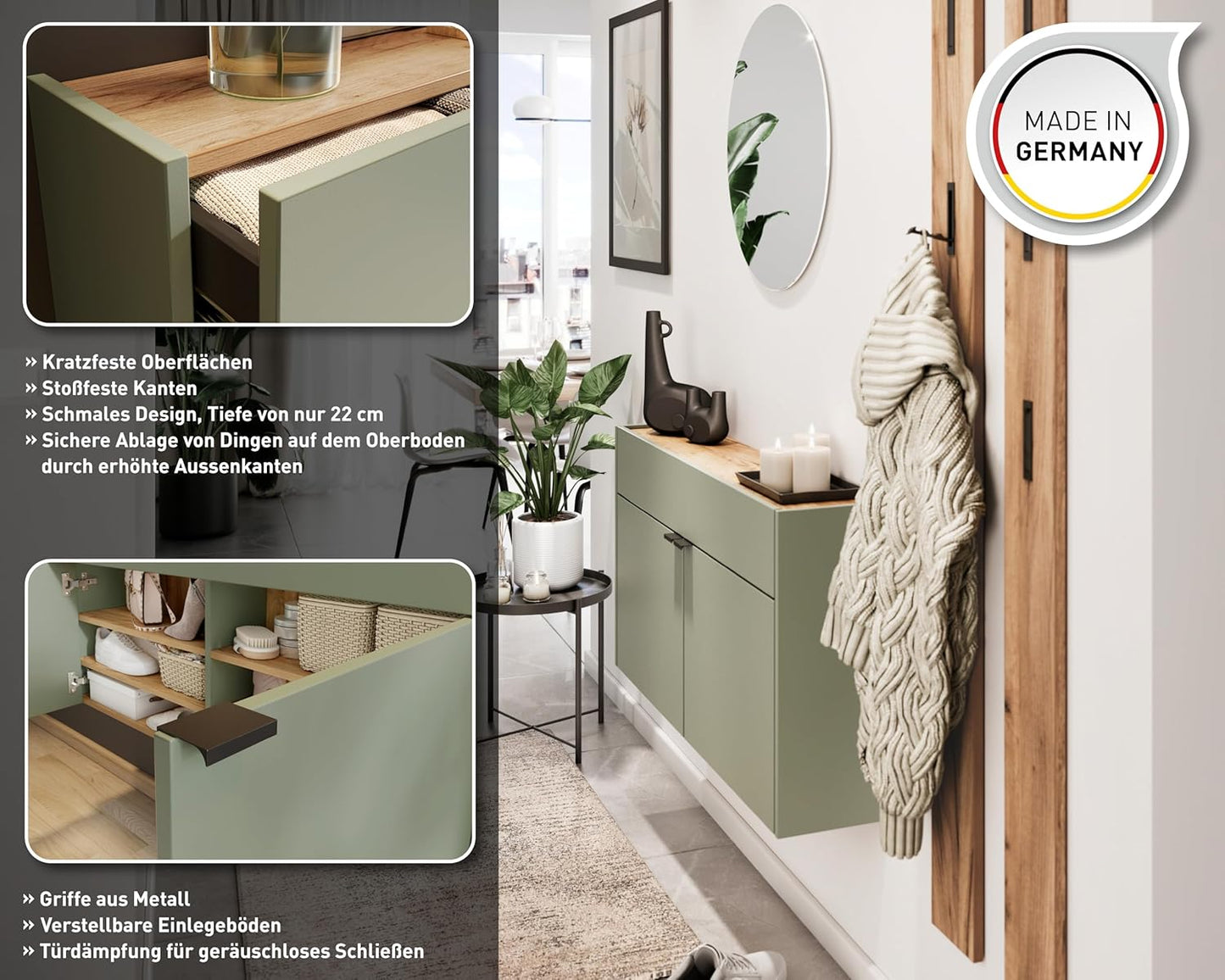 Hängender Schuhschrank Ameca, Schuhschrank Breit Taupegrün/Eiche