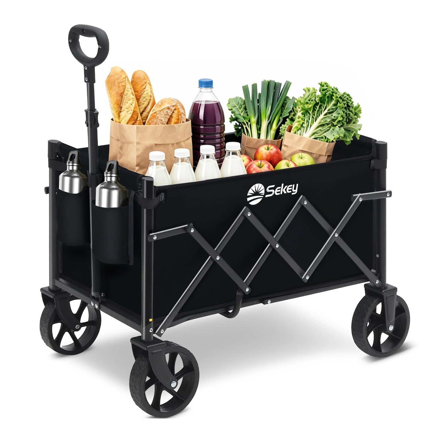 Faltbarer Bollerwagen mit verstellbarem Griff, Schwarz 60L