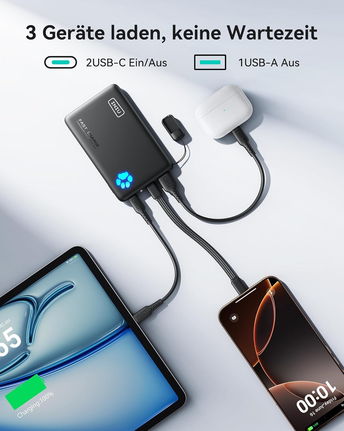 Powerbank 10000mAh mit USB-C & Taschenlampe, Mini Grösse Schwarz