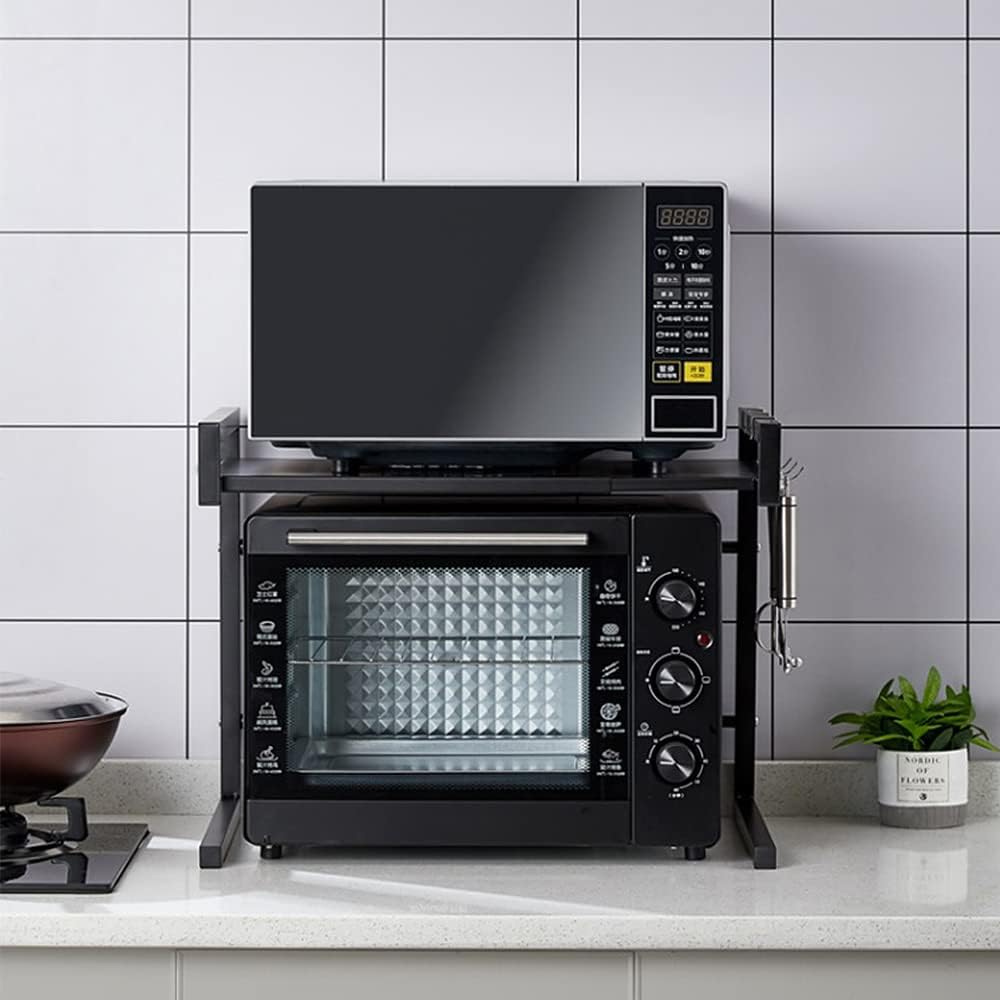 2-stöckiges Mikrowellen-Regal höhenverstellbar, mit 3 Aufhängehaken, 2 Ebenen, Schwarz, 40-65 Cm, 1 Stück