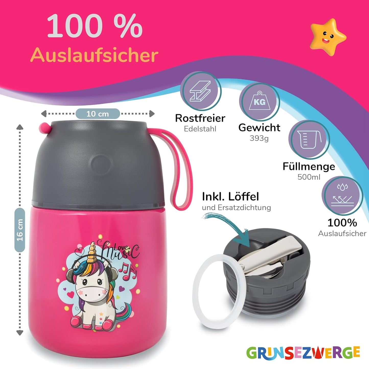 Thermobecher für Speisen und Getränke, 500ml, Emma Einhorn (Pink)