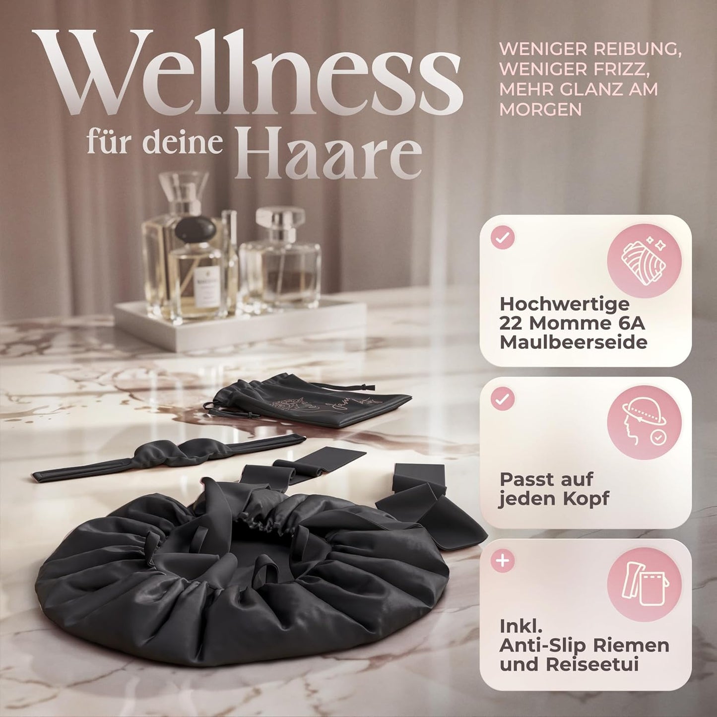 Seidenschlafhaube zum Schlafen, Schwarz