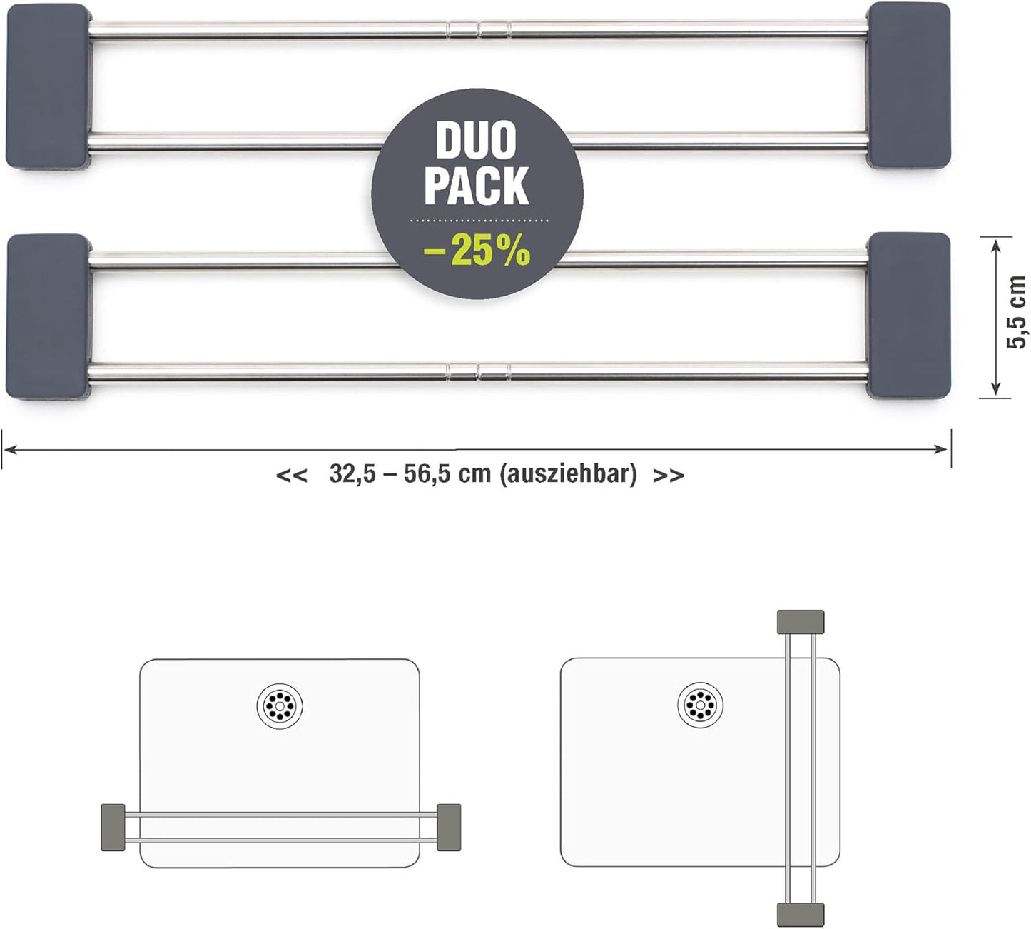 2er-Set Ausziehbarer Spüllappenhalter, Anthrazit/Vorteilspack Ausziehbar 32,5-56,5cm