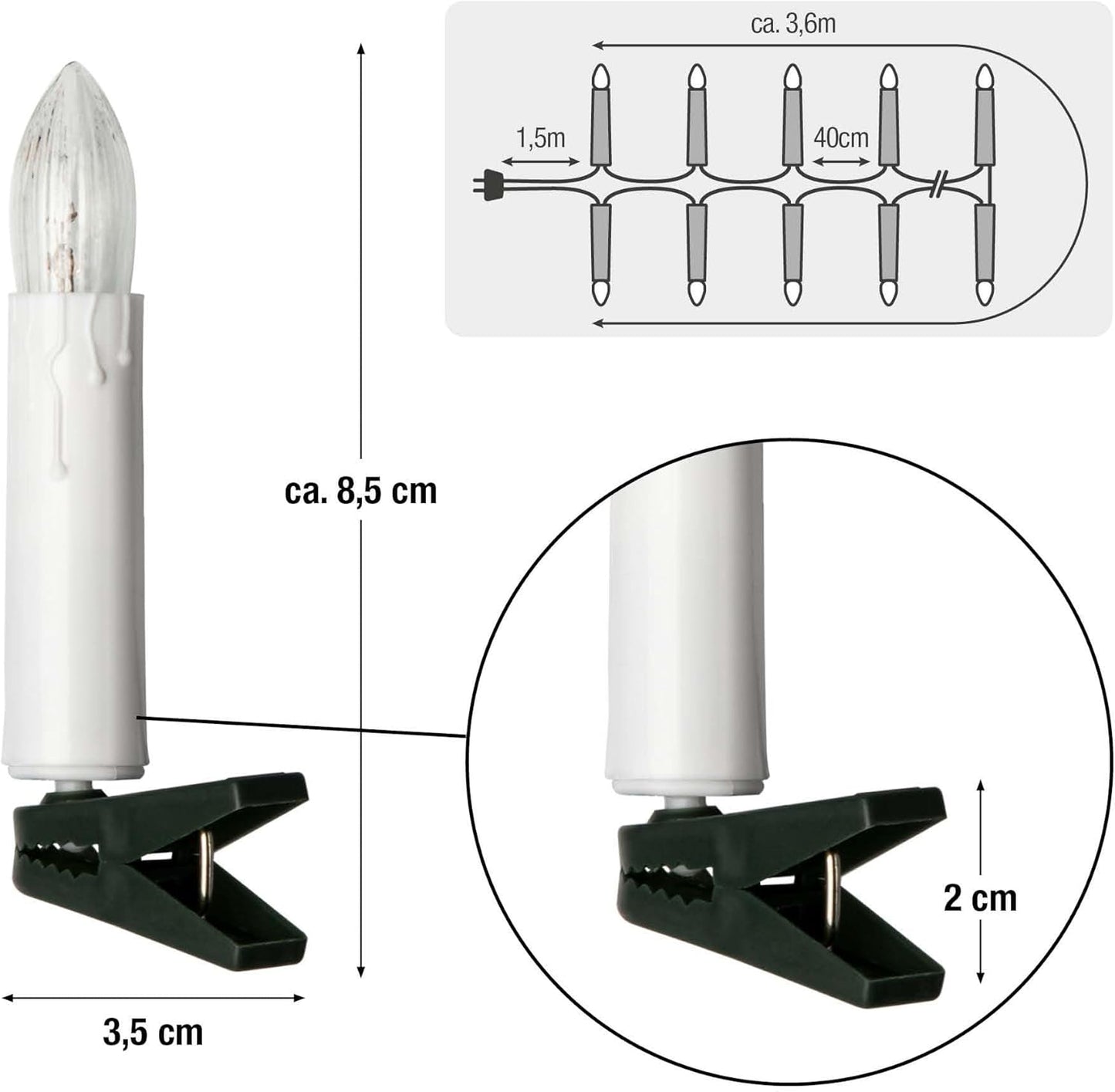 Kerzenlichterkette, Weiss, 6,6 m (10 BS) / Filament