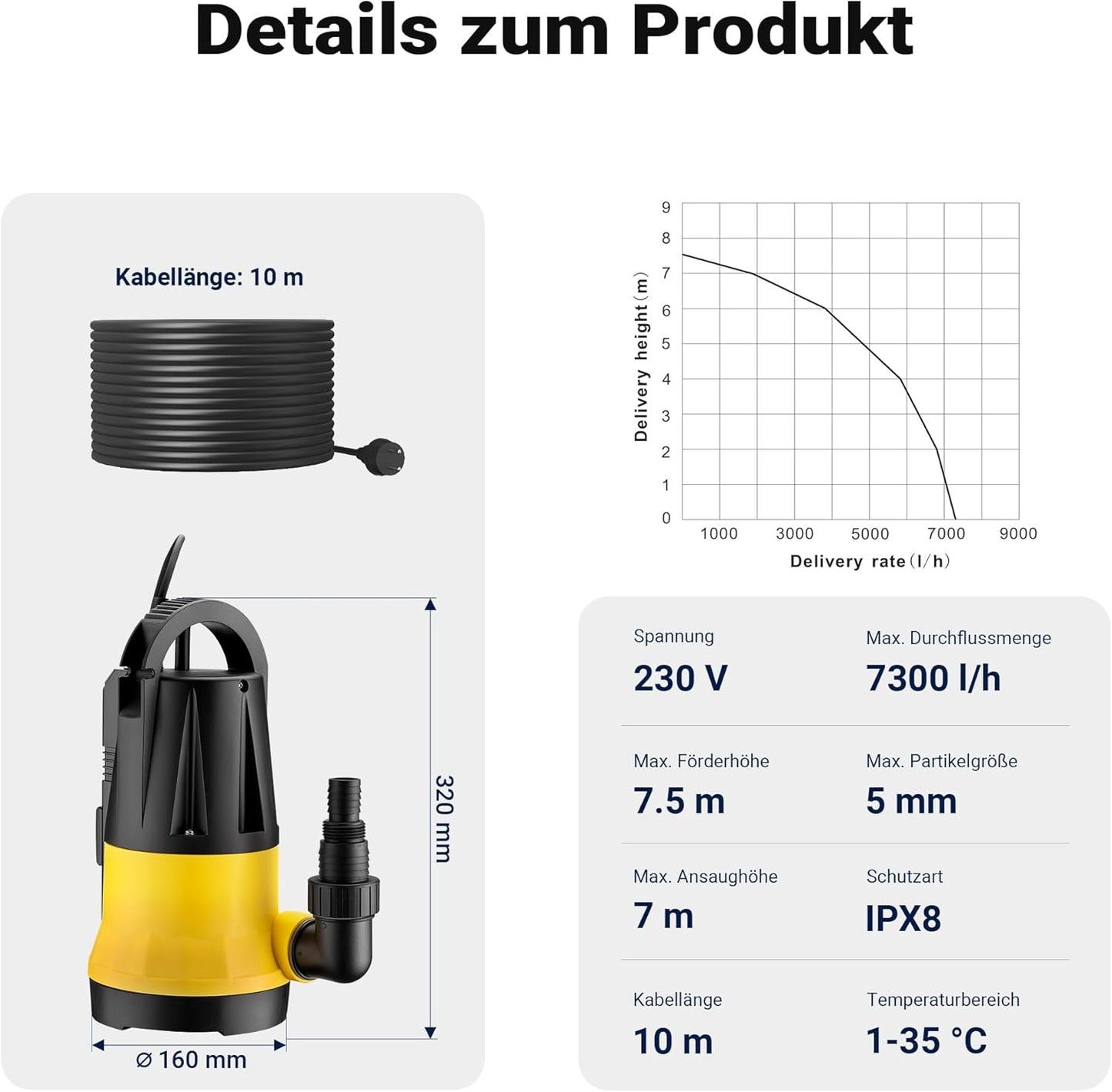 Tauchpumpe mit Sensor, 400 W, 7300 l/h, 7.5 m