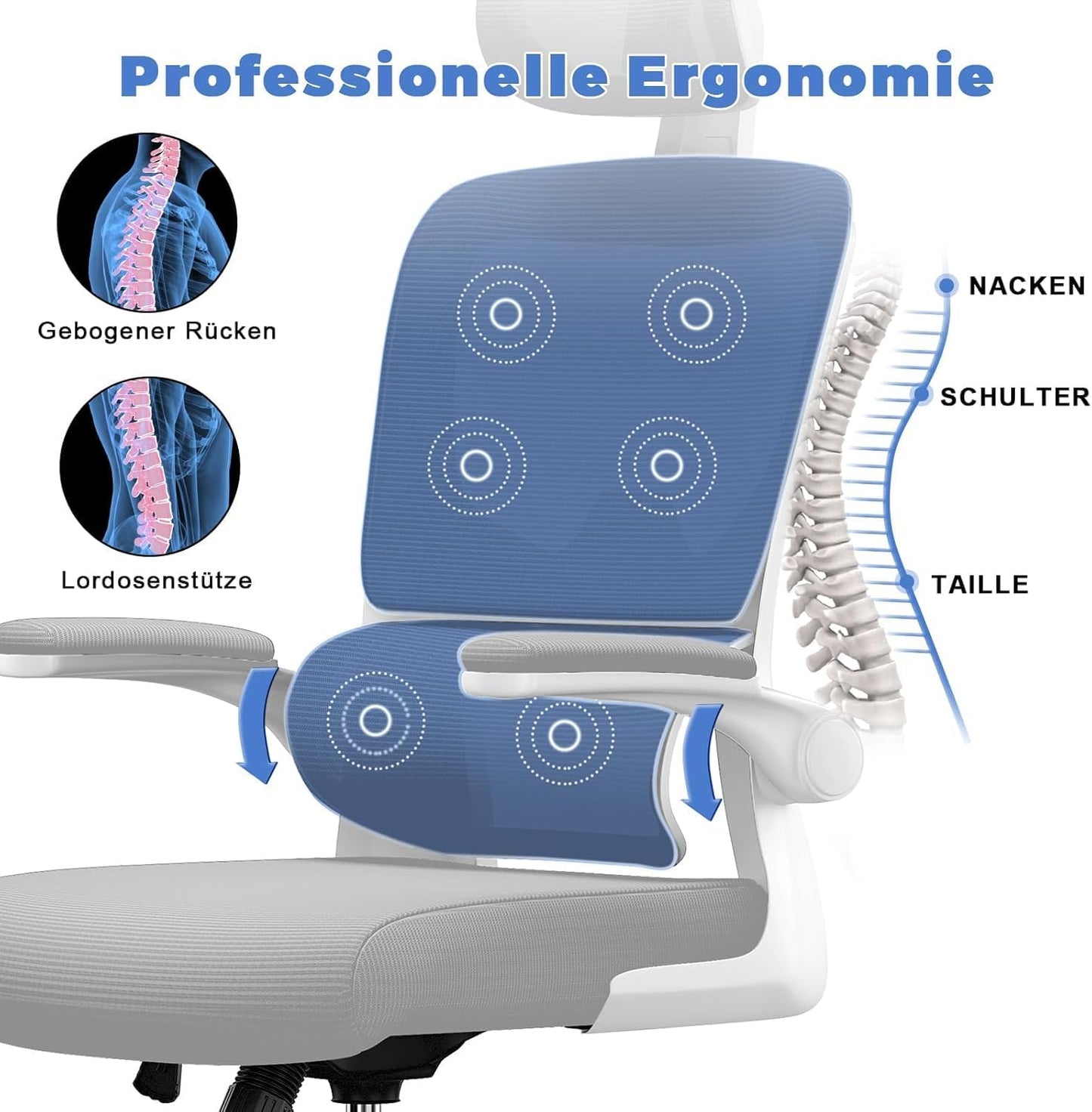 Ergonomischer Schreibtischstuhl mit Lordosenstütze, Grau 2 Mit Kopfstütze