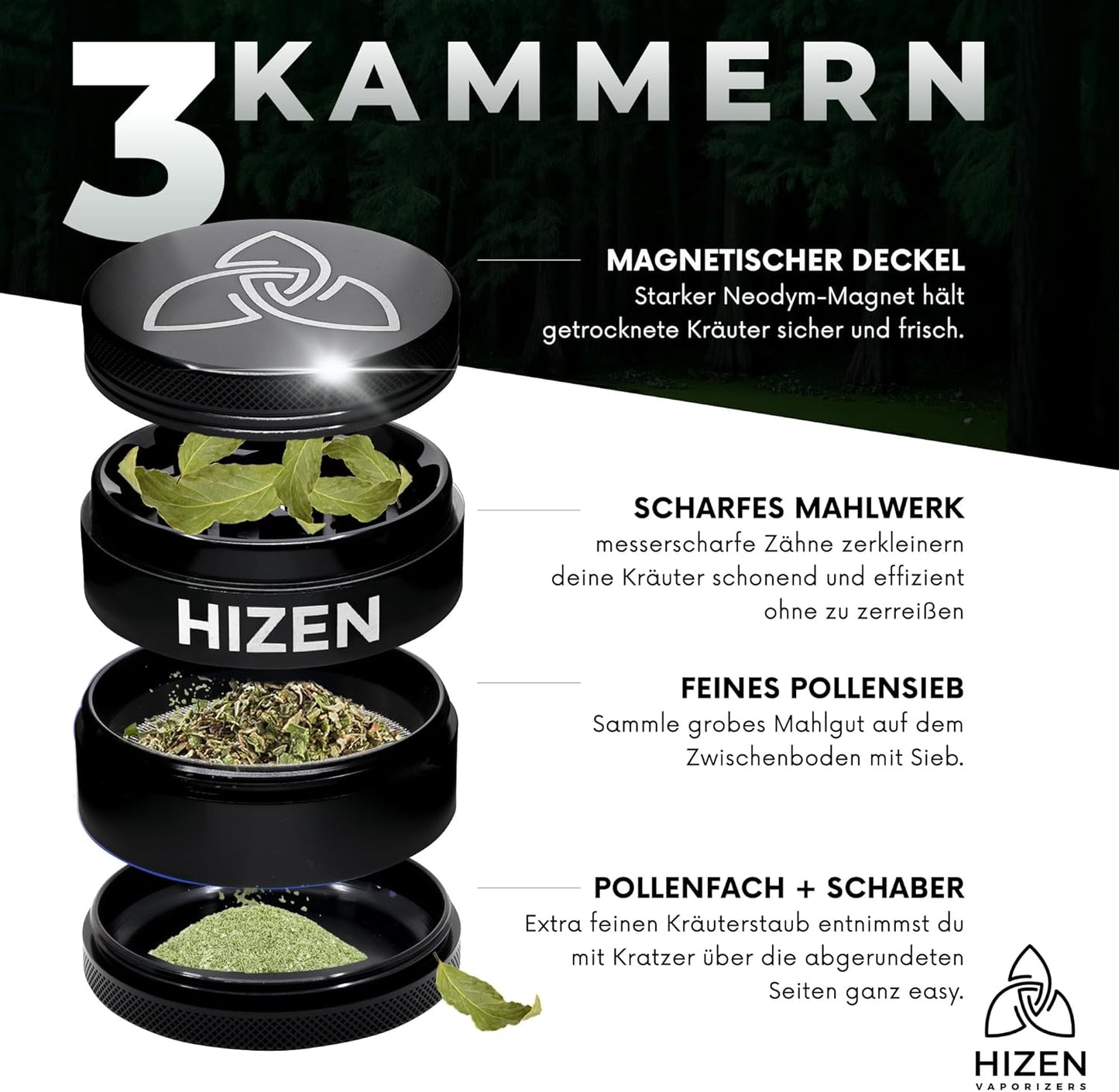 Kräutermühle mit Pollenfach und Schaber, Schwarz