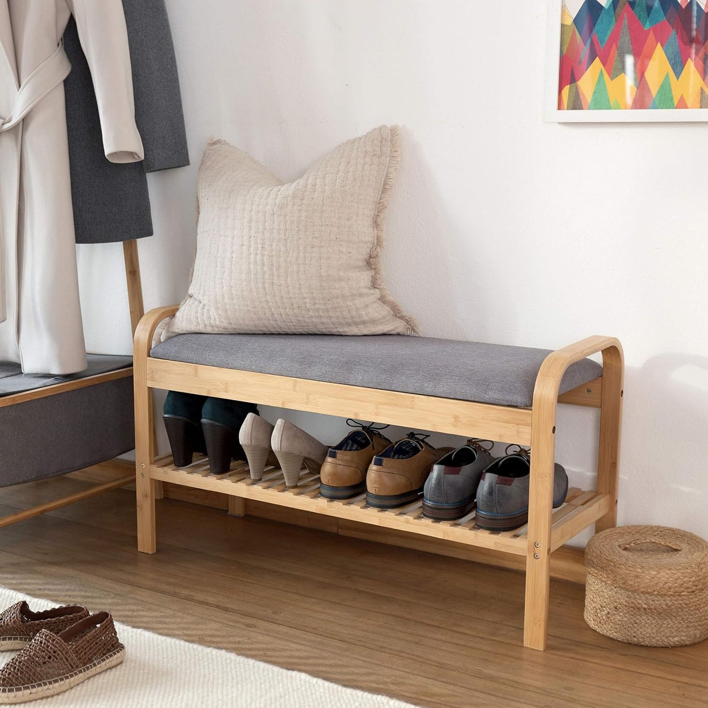 Schuhregal mit Sitzbank aus Bambus (2 Etagen), 2 Etagen (90 x 50 x 30 cm)