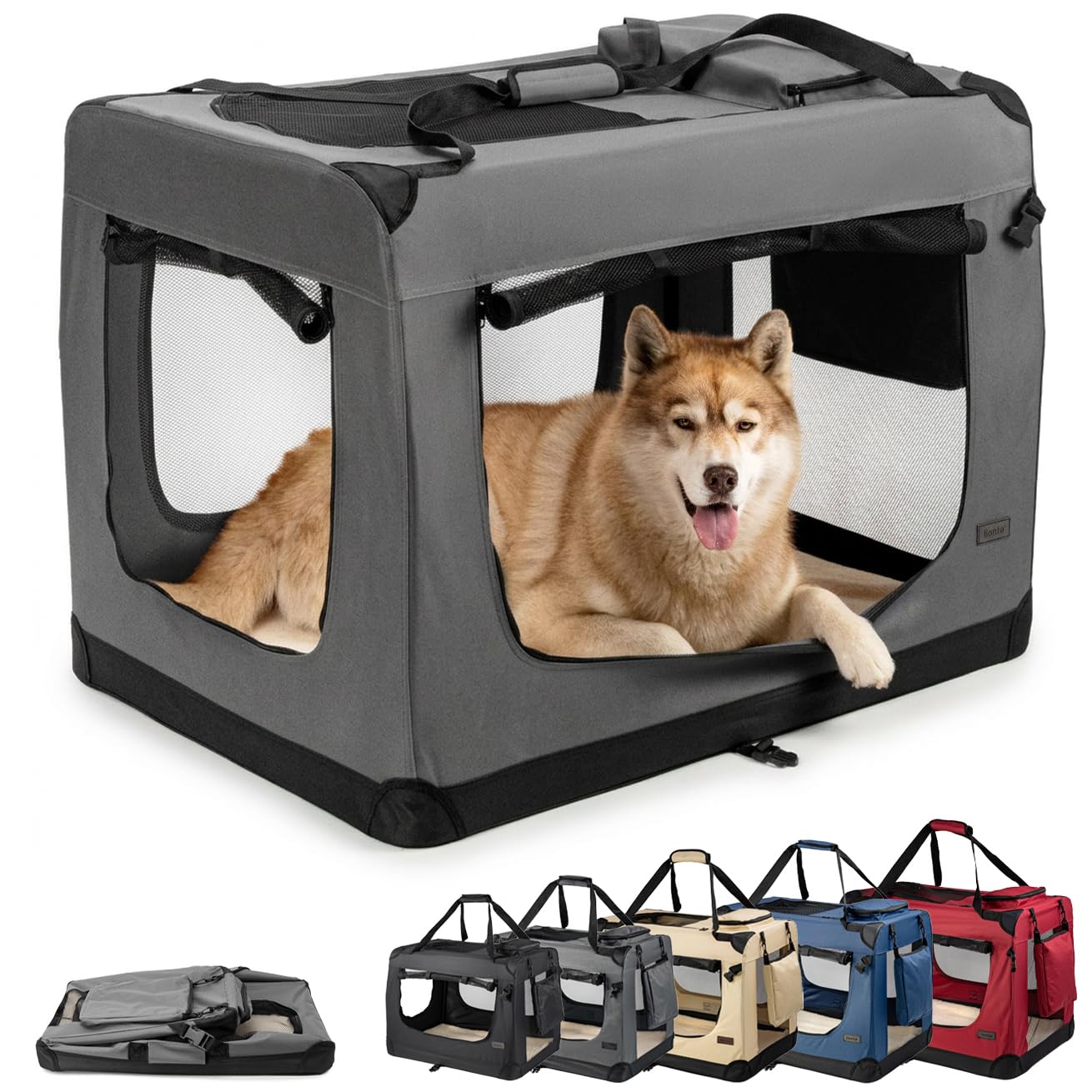 Faltbare Hundetransportbox mit Tragegriffen und Taschen, Grau XXXL: 101x69x70 cm