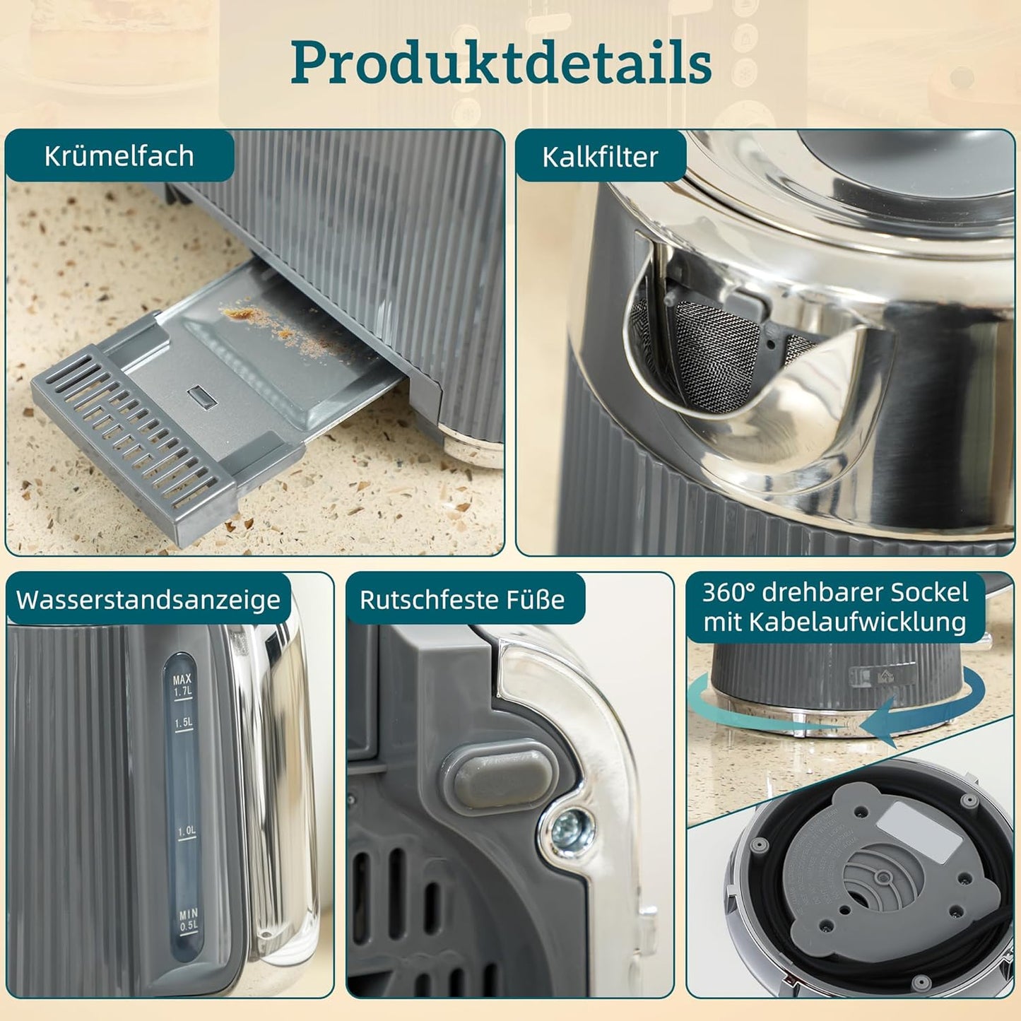 Wasserkocher & Toaster Set mit Edelstahl-Innenraum, Grau