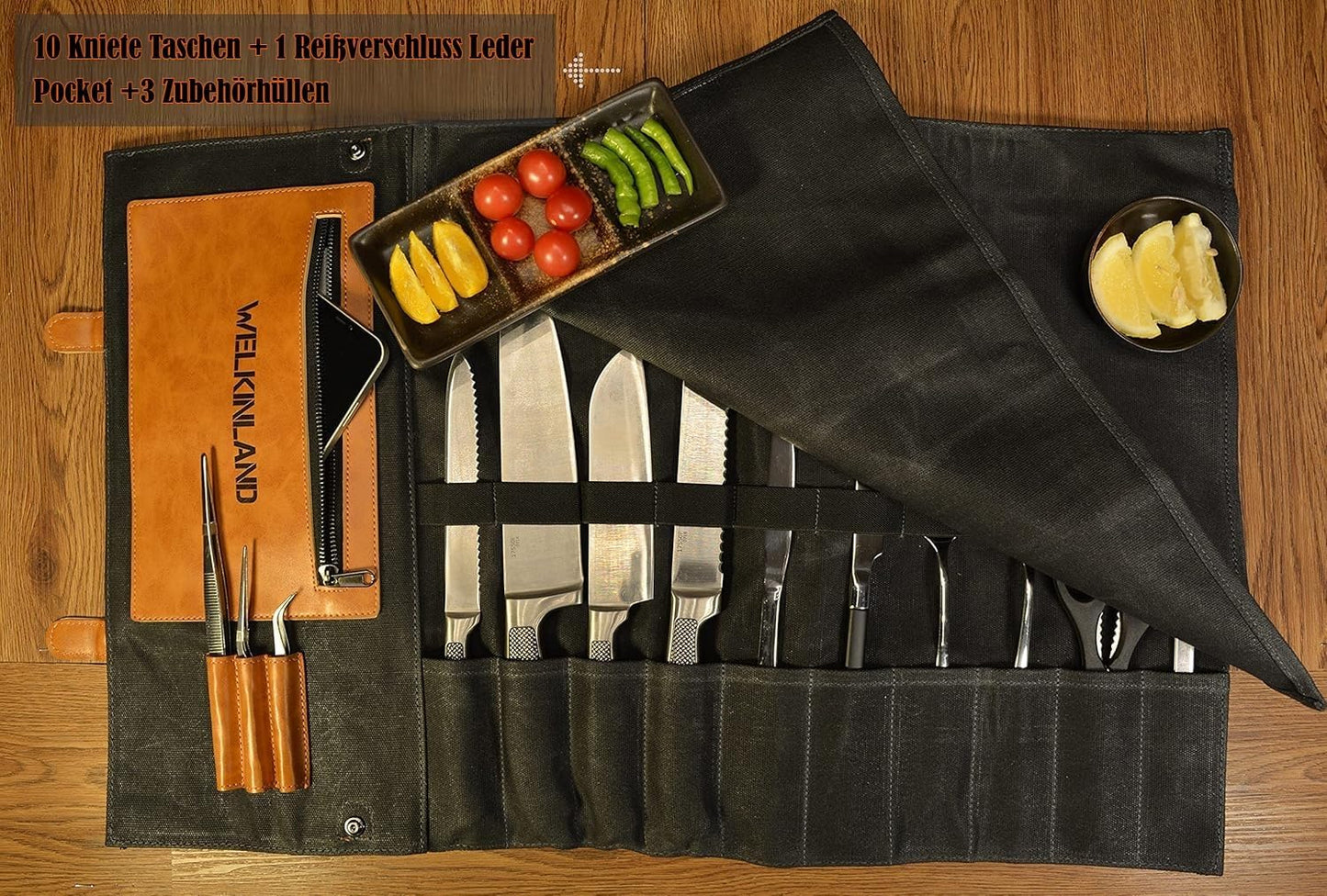 Kochmessertasche für 10 Messer mit Tragegriff und Schultergurt