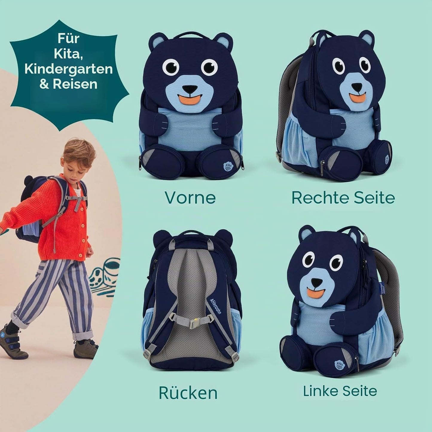 Kindergartenrucksack Grosser Freund, 8 L Bär - Blau