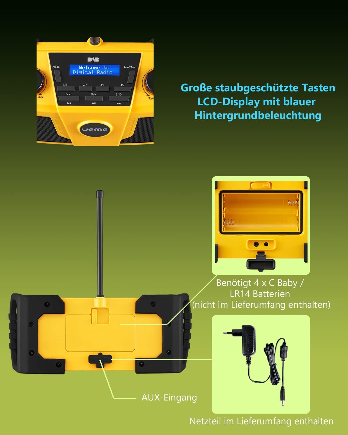 Baustellenradio mit Bluetooth und Wecker, Gelb-Schwarz